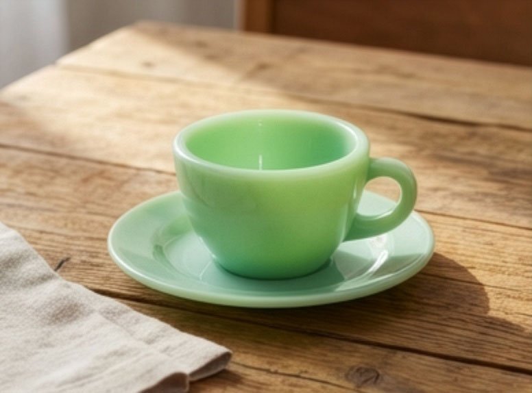 Vintage Fire King Jadeite Restaurant Ware Coffee Cup & Saucer (C Handle)