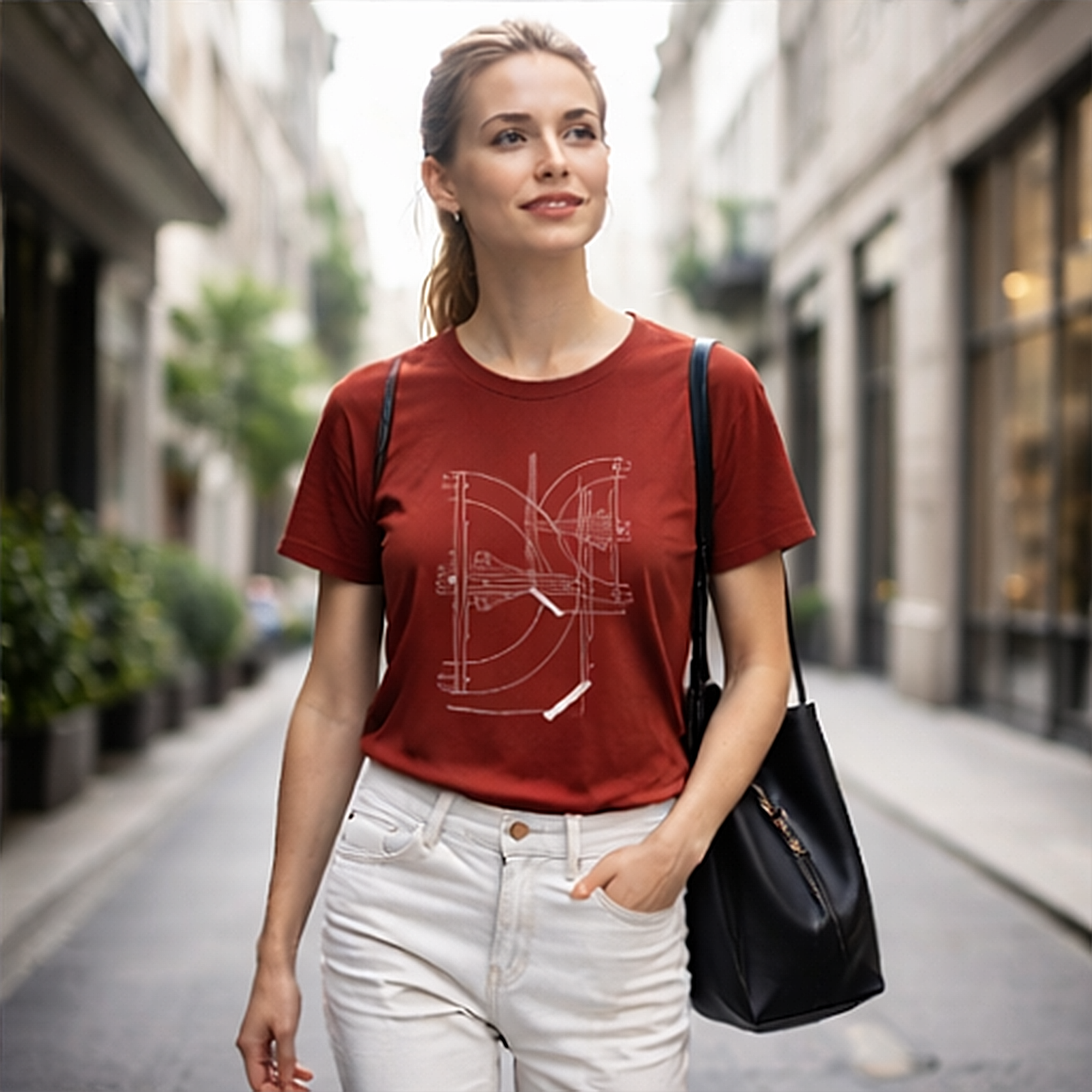 Rust color t-shirt with minimalist architectural line art print