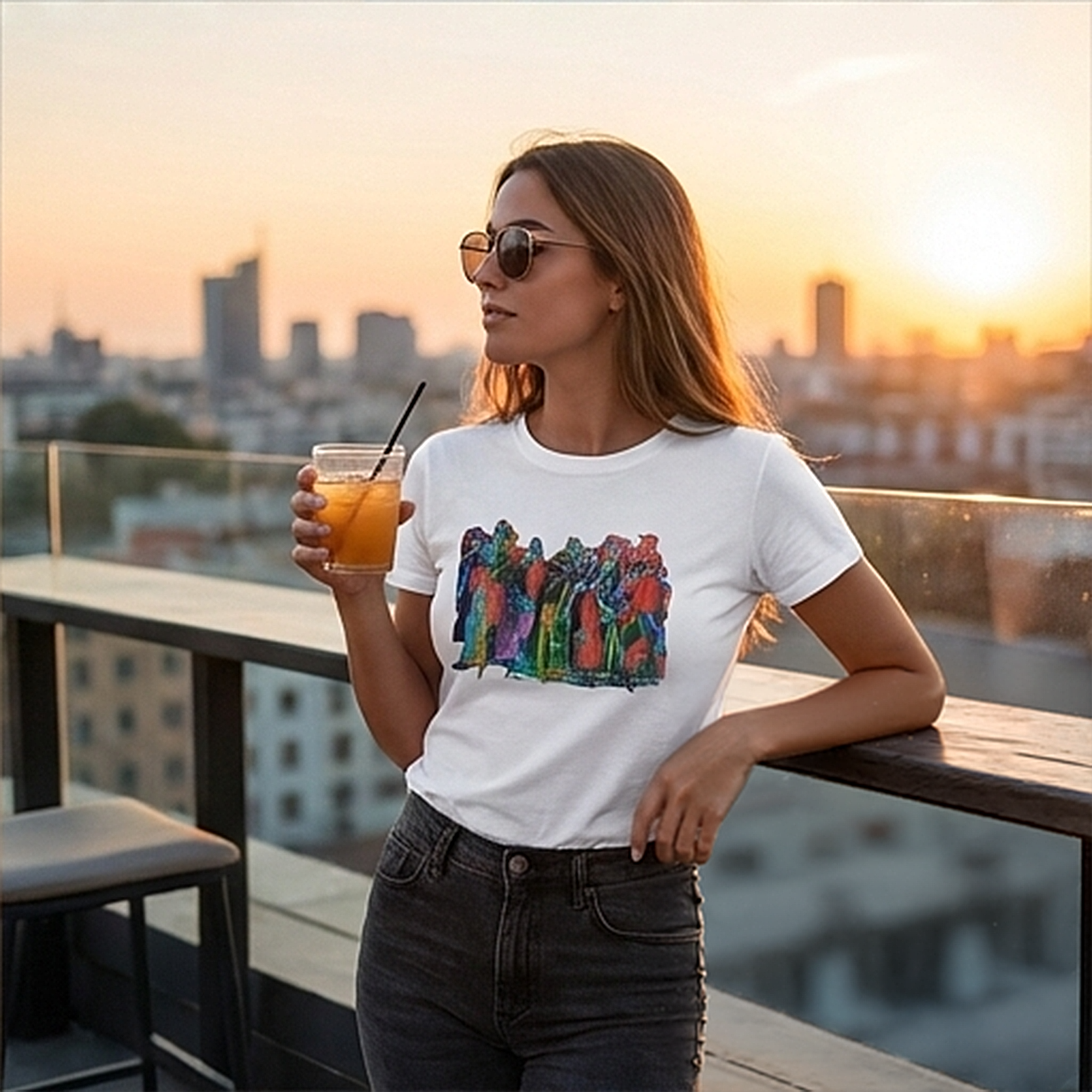 female model wearing multicolor abstract white t-shirt