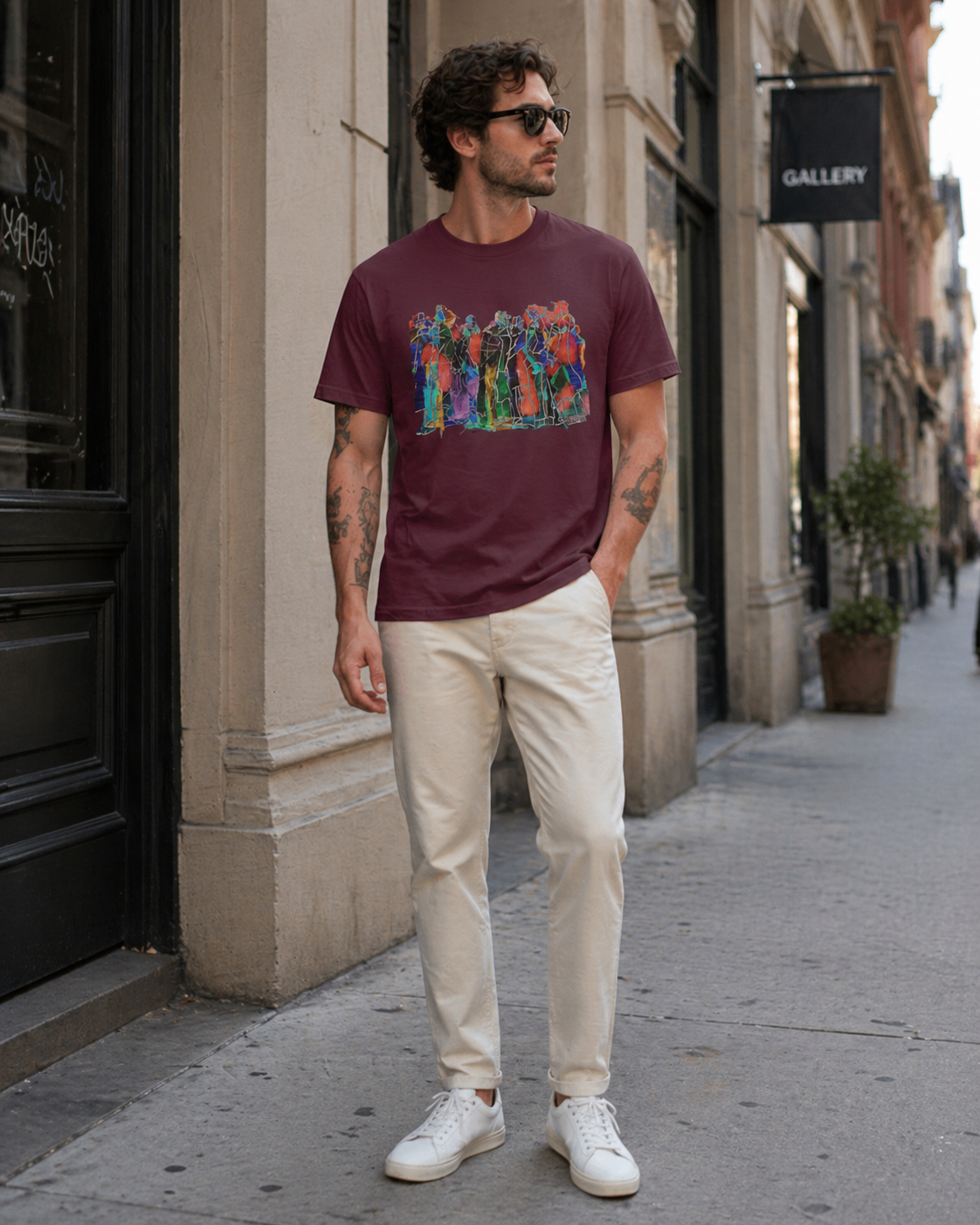 male model wearing multicolor abstract figurative maroon t-shirt