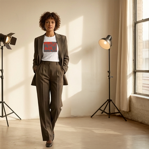 A woman wearing a brown suit with a white t-shirt featuring red text.  The background is a studio setting with a spotlight and a window.
