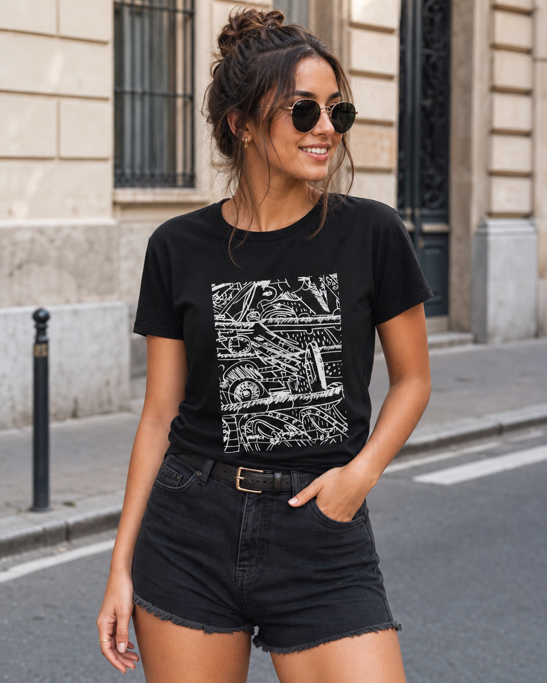 Female model wearing a black t-shirt featuring a white abstract design. The graphic is a complex arrangement of lines, shapes, and numbers. The short-sleeved shirt is made of a soft material.