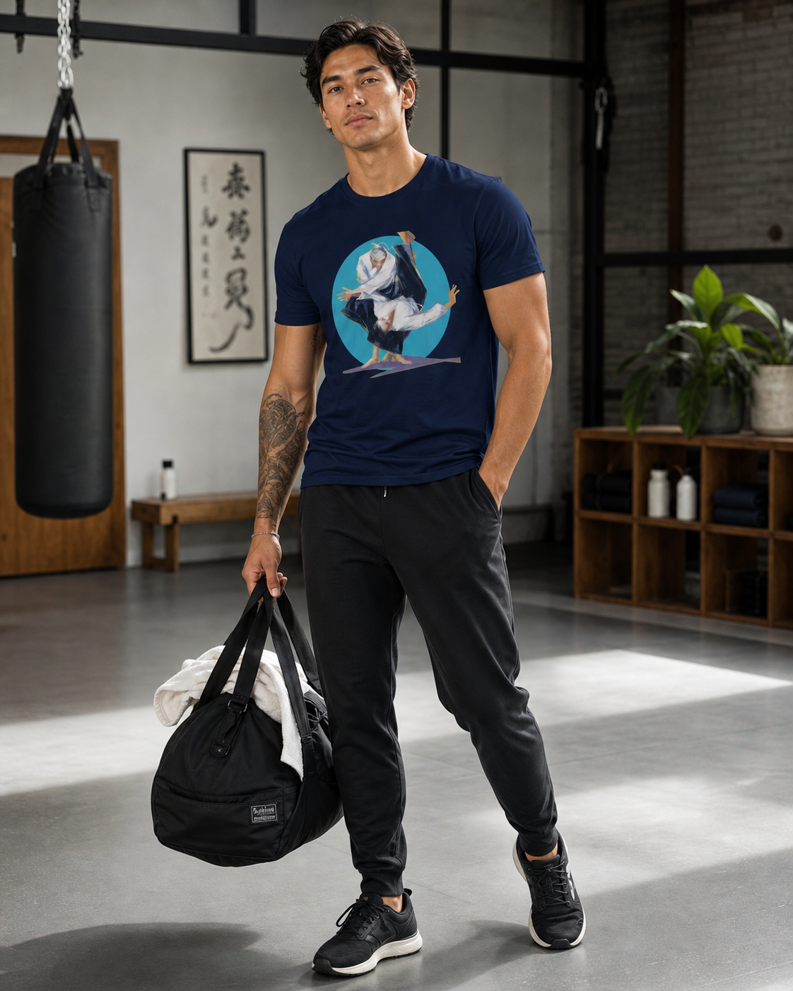 Male model wearing figurative martial art image framed by a bold circular backdrop on navy t-shirt