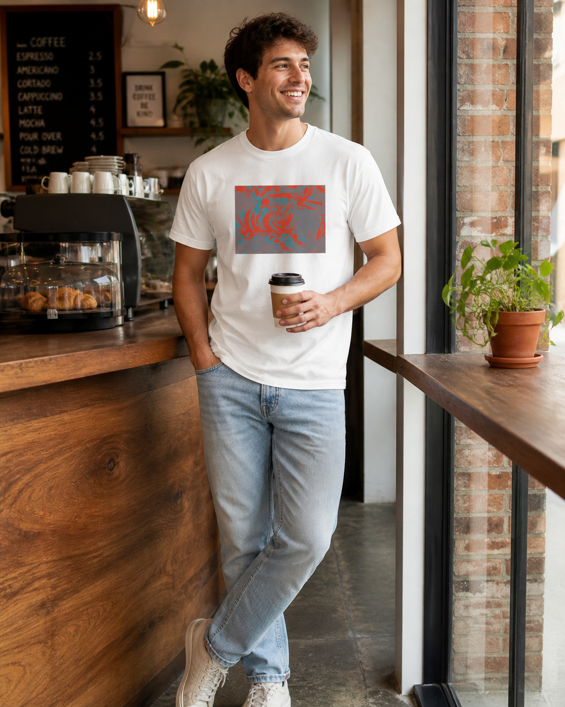 Male model wearing white t-shirt with a rectangular design on the front. The design features a mix of red and teal abstract shapes on a gray background. The shirt is short-sleeved.