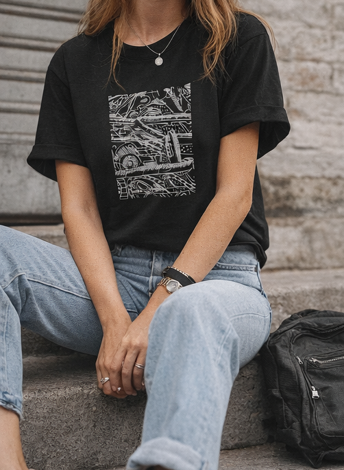 Female model wearing a black t-shirt featuring a white abstract design. The graphic is a complex arrangement of lines, shapes, and numbers. The short-sleeved shirt is made of a soft material.