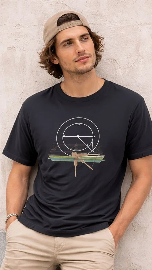 male model wearing geometric blueprint black t-shirt