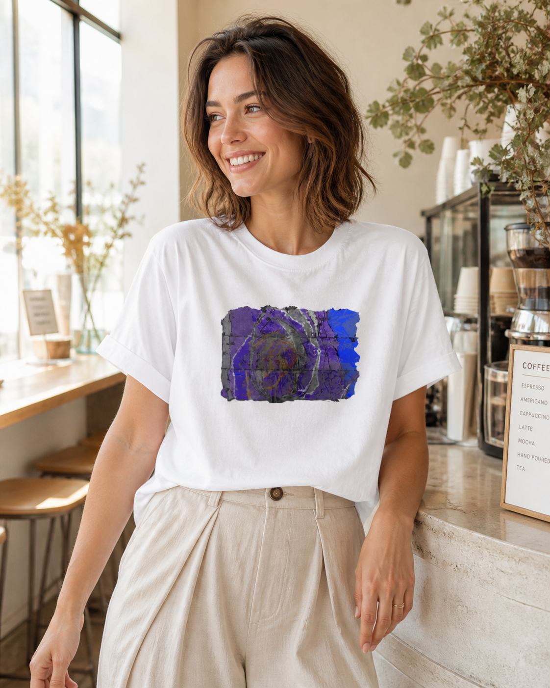 female model wearing white t-shirt of vivid shades of purple, blue, gold, and charcoal abstract art