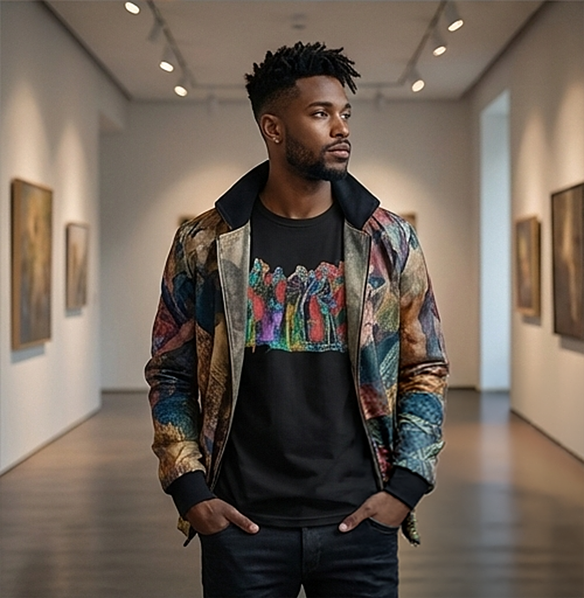 male model wearing multicolor abstract figurative black t-shirt