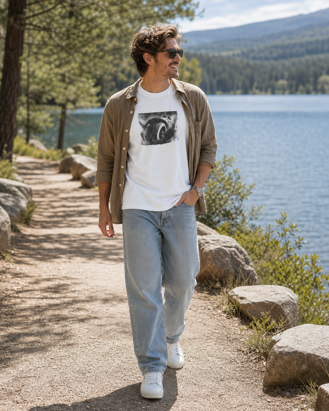 Male model wearing monochrome automotive wheel art graphic on white t-shirt