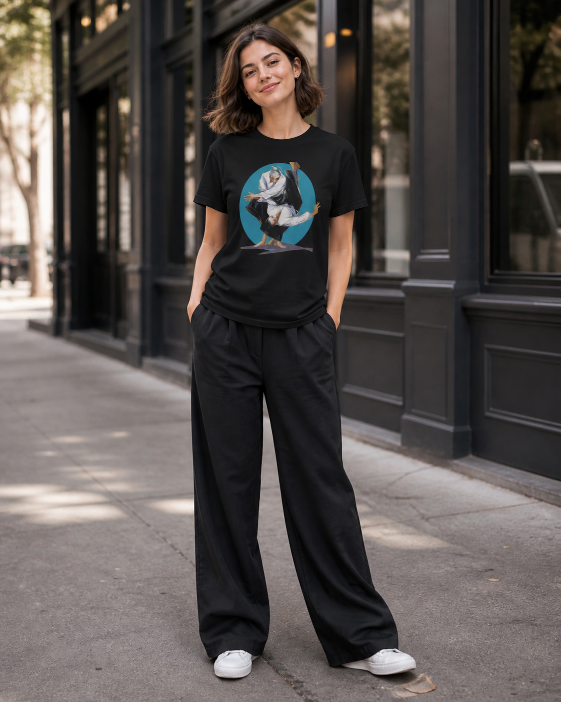 Female model wearing figurative martial art image framed by a bold circular backdrop on black t-shirt