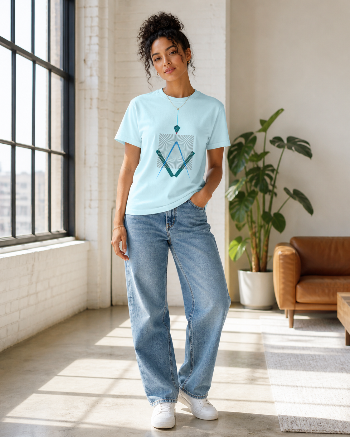 Female model wearing  geometric line art on light blue t-shirt