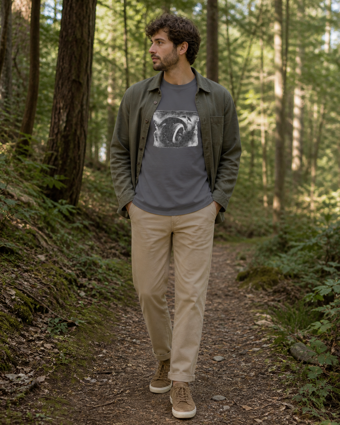 Male model wearing black and white industrial wheel photography graphic printed on grey t-shirt