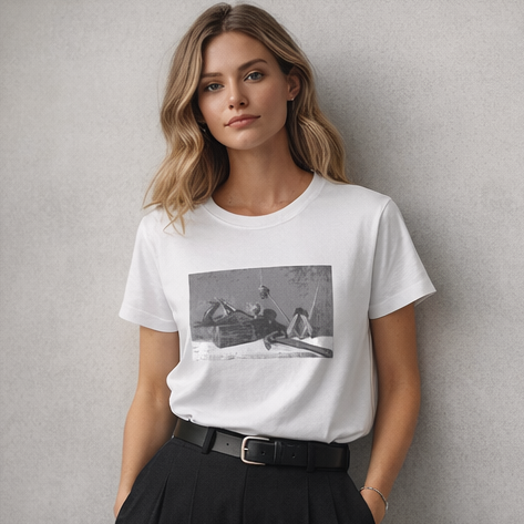 Female model wearing Minimalist black and white still life carpenter tools graphic printed on premium t-shirt in white