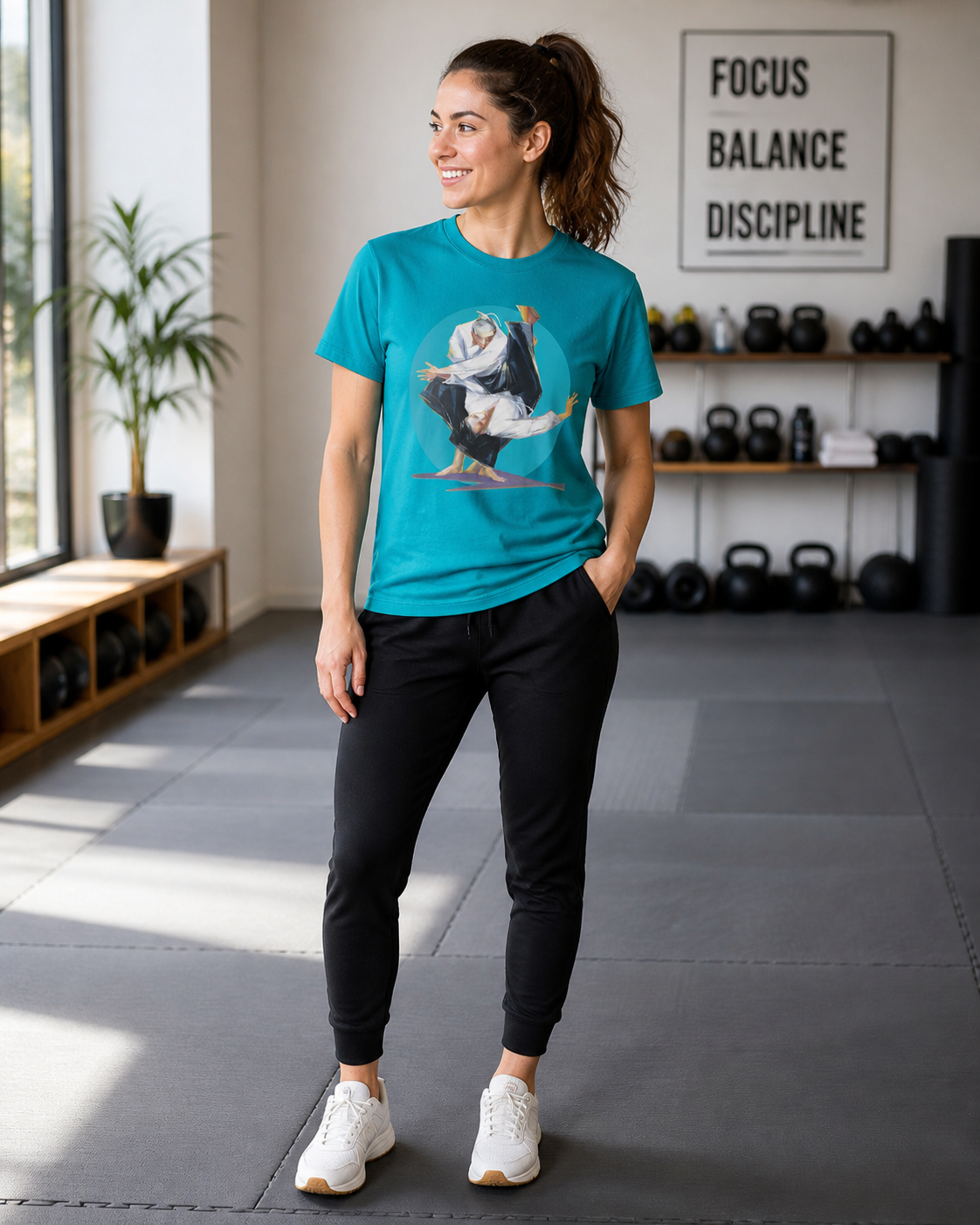 Female model wearing figurative martial art image framed by a bold circular backdrop on tropical blue t-shirt