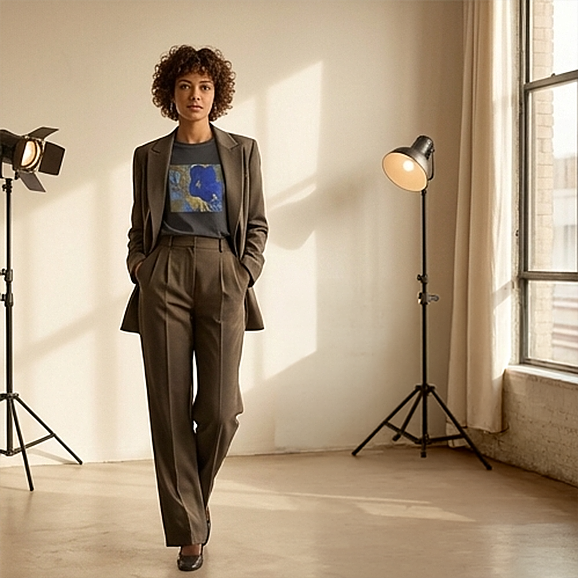 Female model standing by the window in a loft space wearing botanical (hibiscus flower) inspired charcoal t-shirt