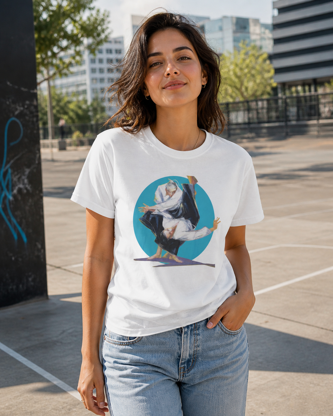 Female model wearing figurative martial art image framed by a bold circular backdrop on white  t-shirt
