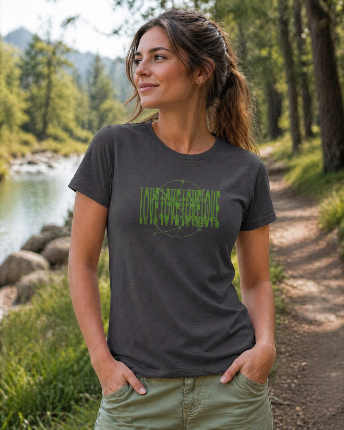Crew neck charcoal t-shirt with a green texts and circular overlaid graphic design. A woman walking on an urban street wearing blue jeans with one hand in her pocket.
