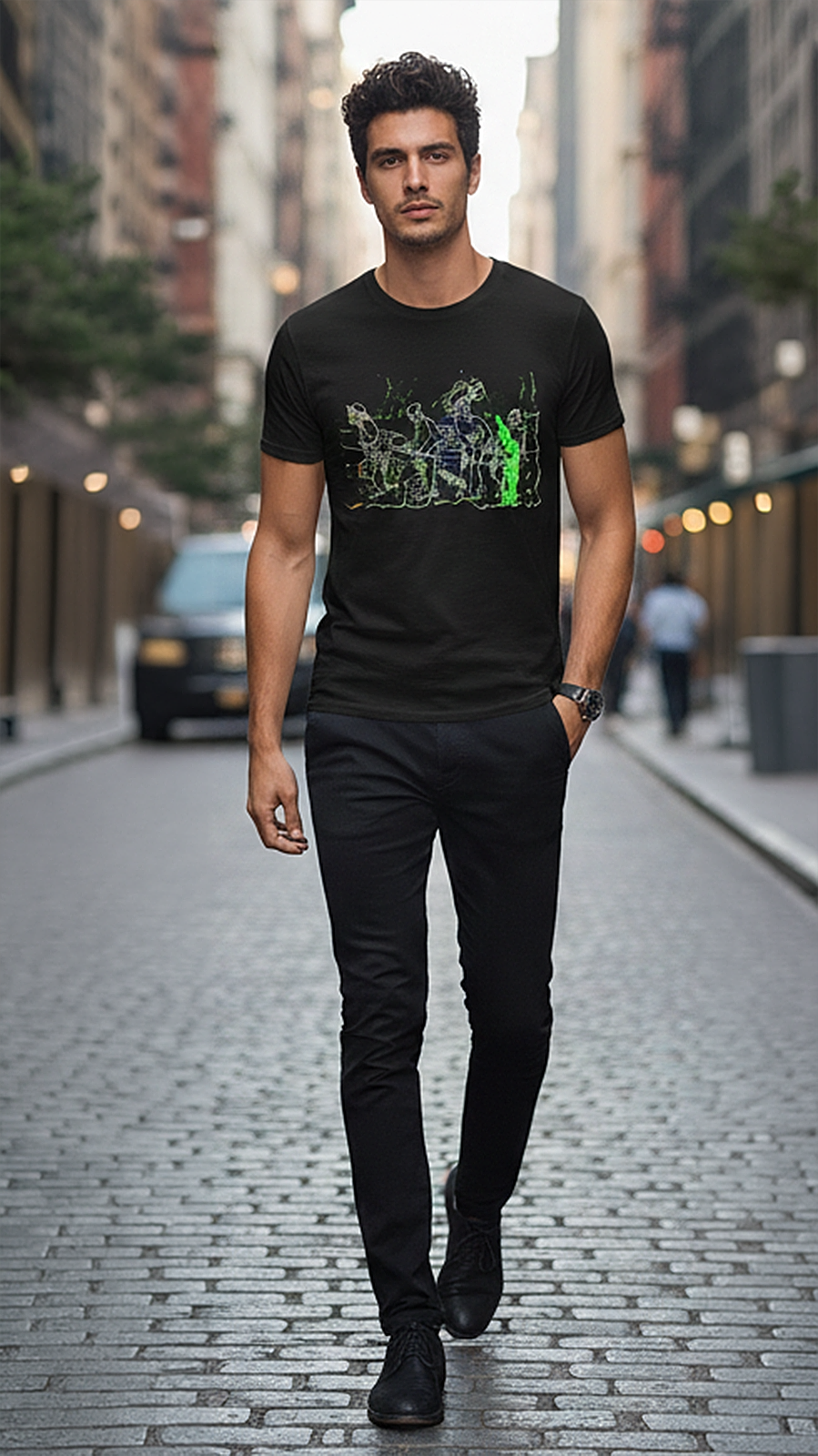 Male model walking on the street wearing unique avant-garde sketch white t-shirt