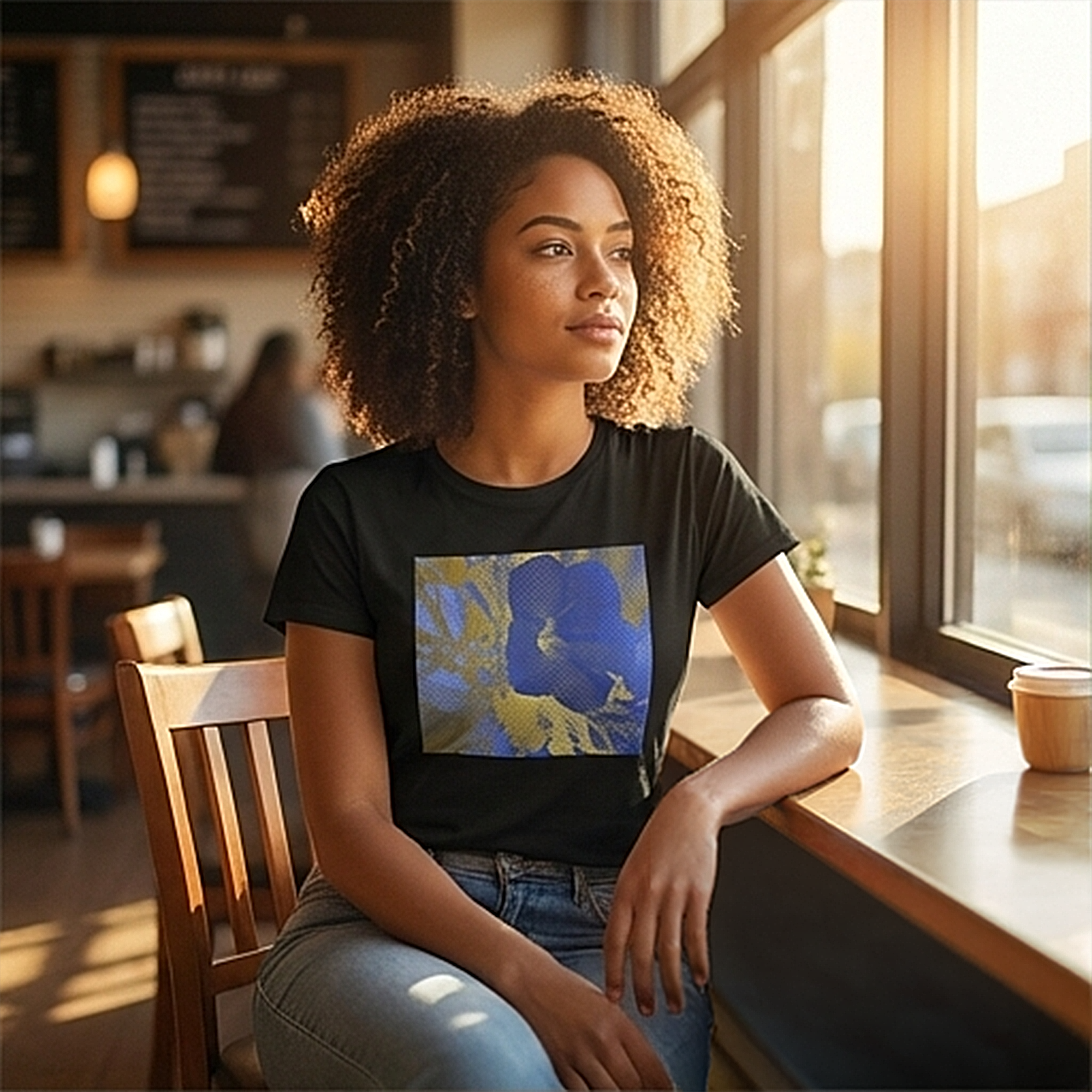 Female model sitting at the coffee shop wearing botanical (hibiscus flower) inspired black t-shirt