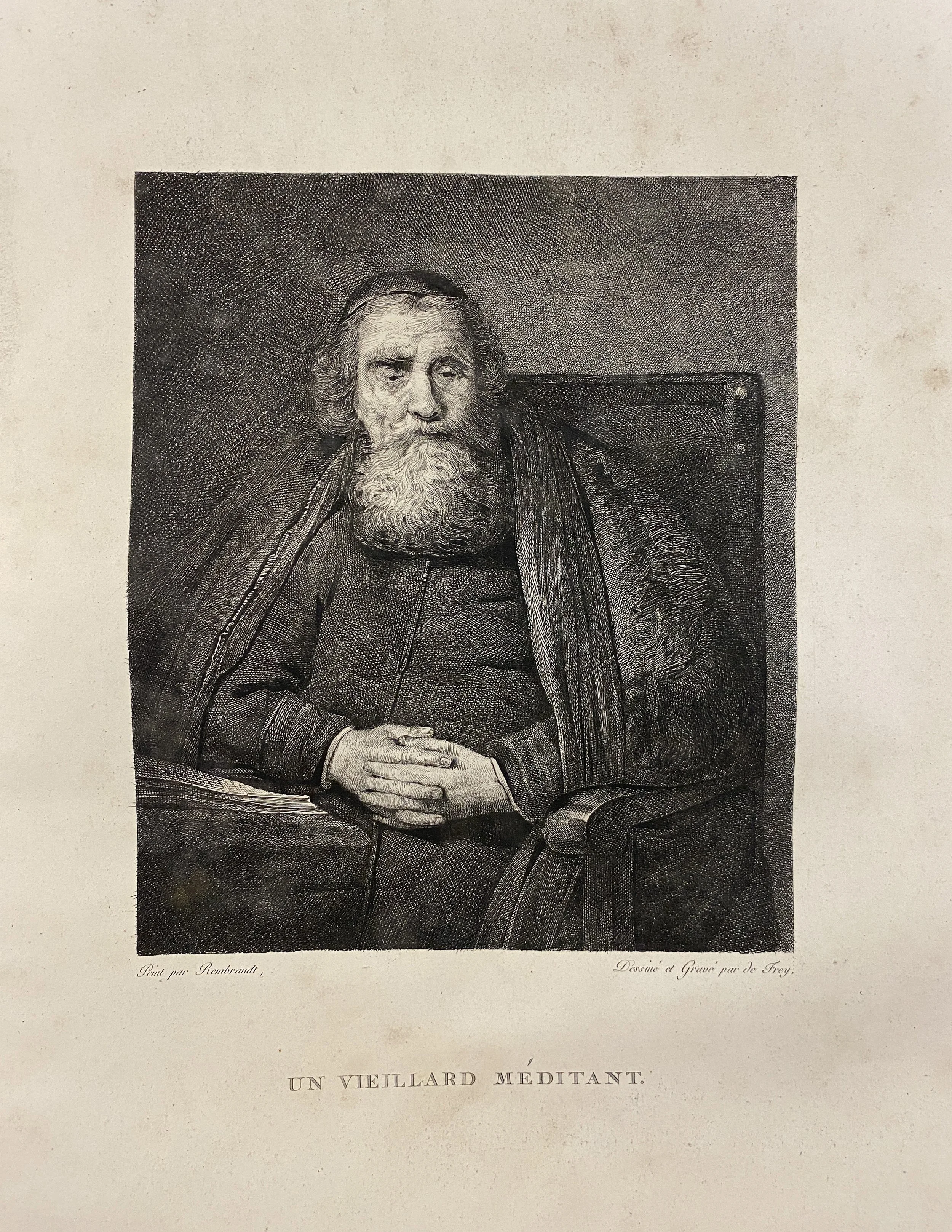 18th Century Engraving, Un Vieiliard Meditant After Rembrandt