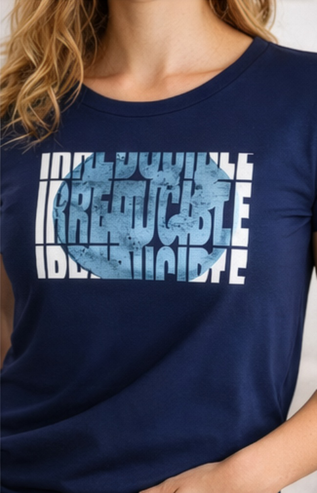 Female model wearing Navy t-shirt of fragmented block typography for a bold, architectural look