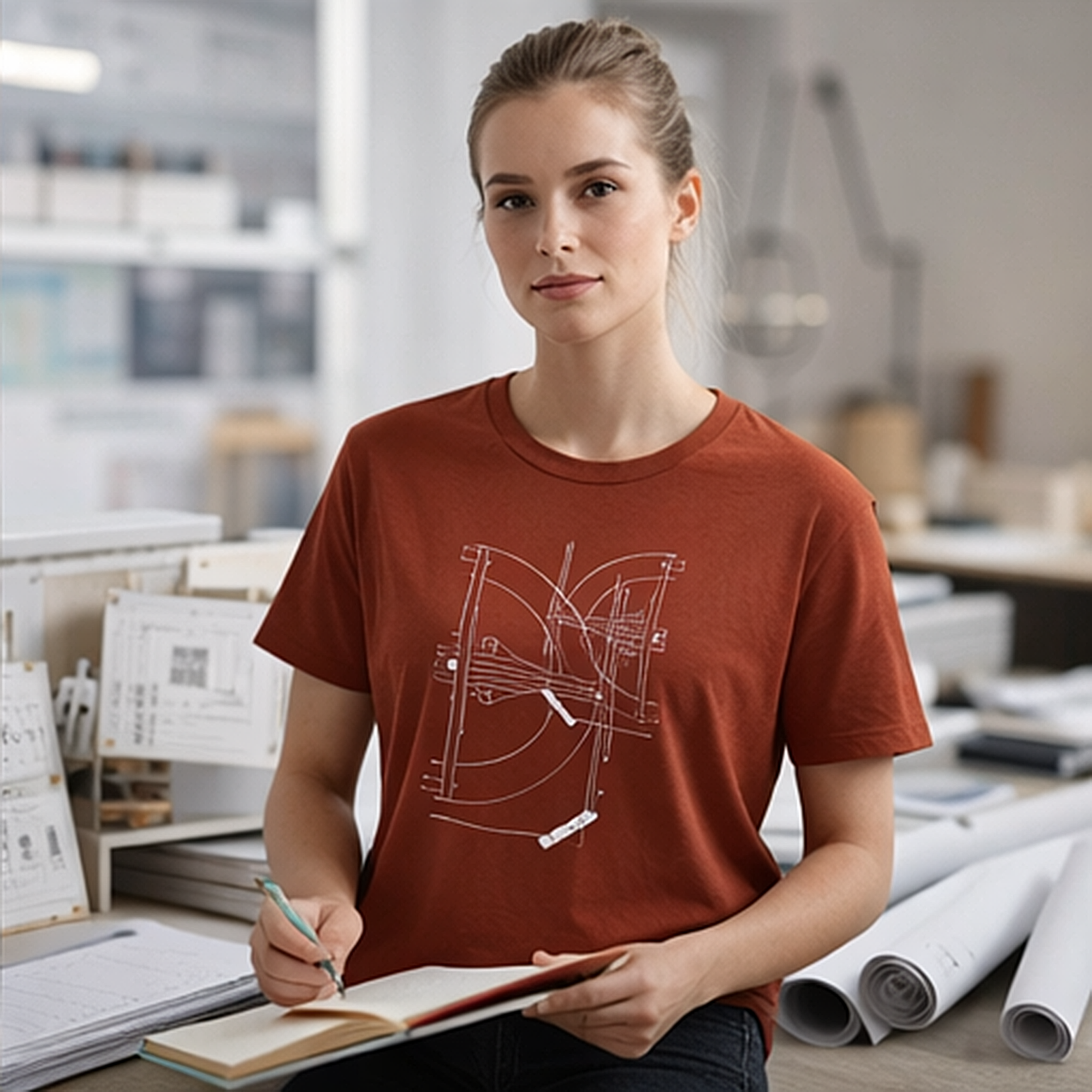 Rust color t-shirt with minimalist architectural line art print