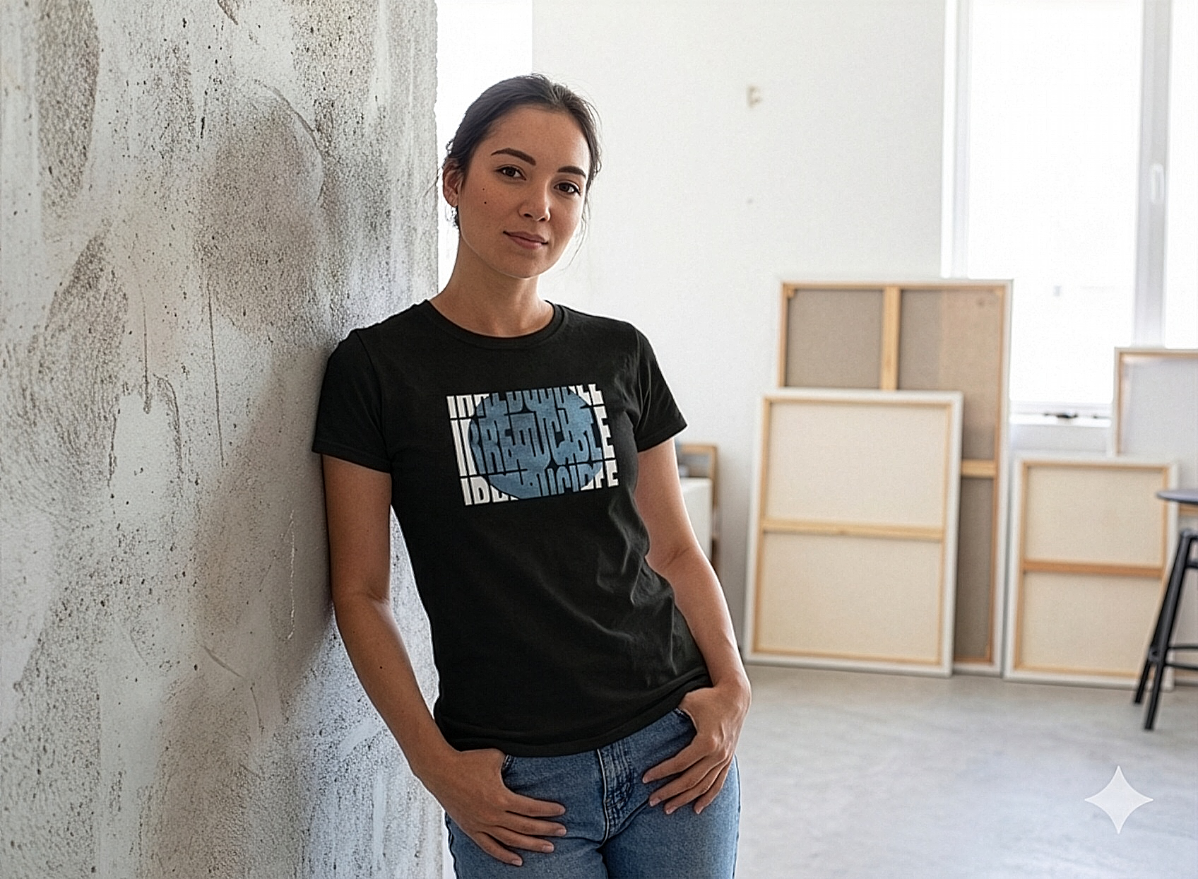 Female model wearing black t-shirt of fragmented block typography for a bold, architectural look