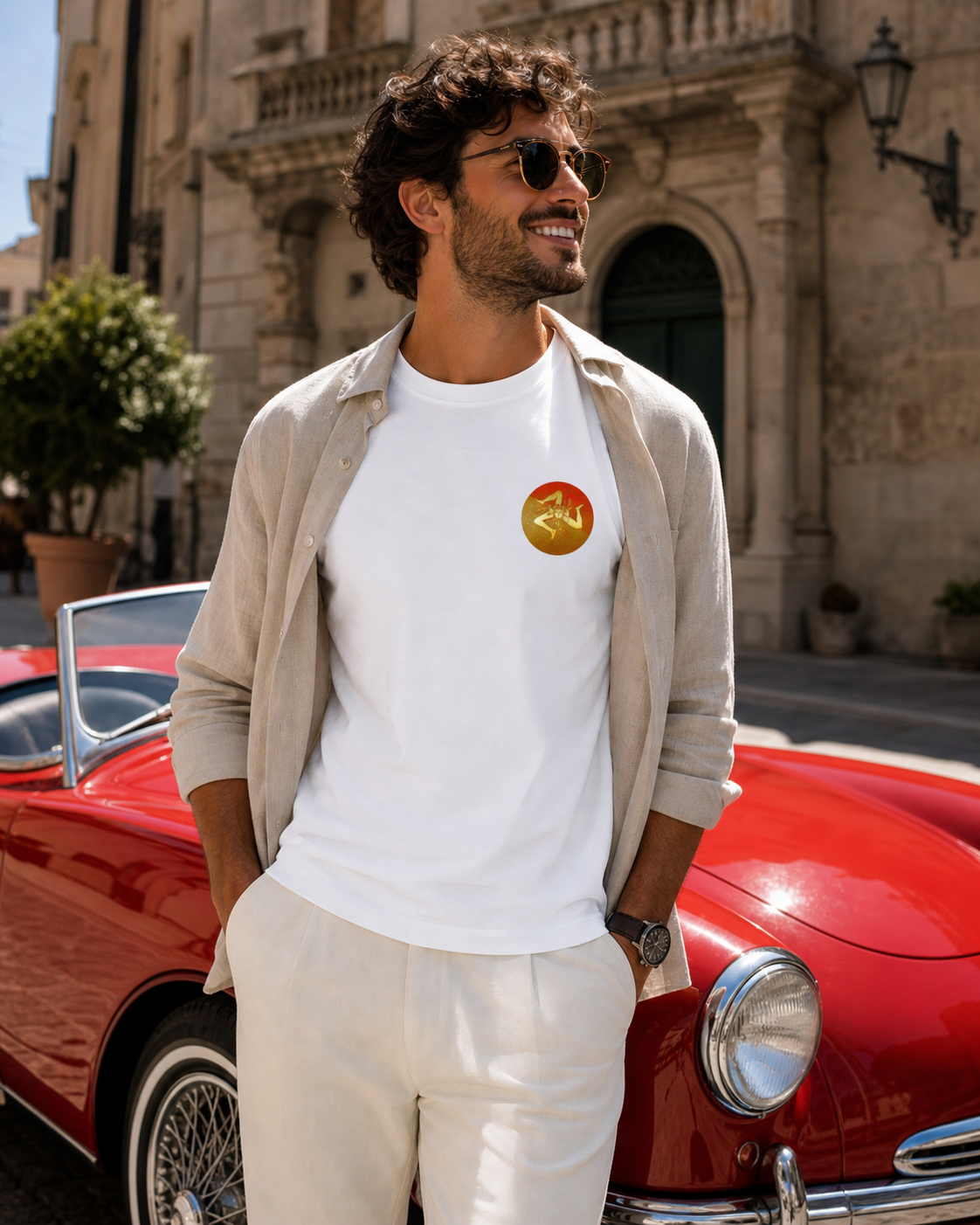 Male model wearing minimalist, premium left-chest emblem white t-shirt