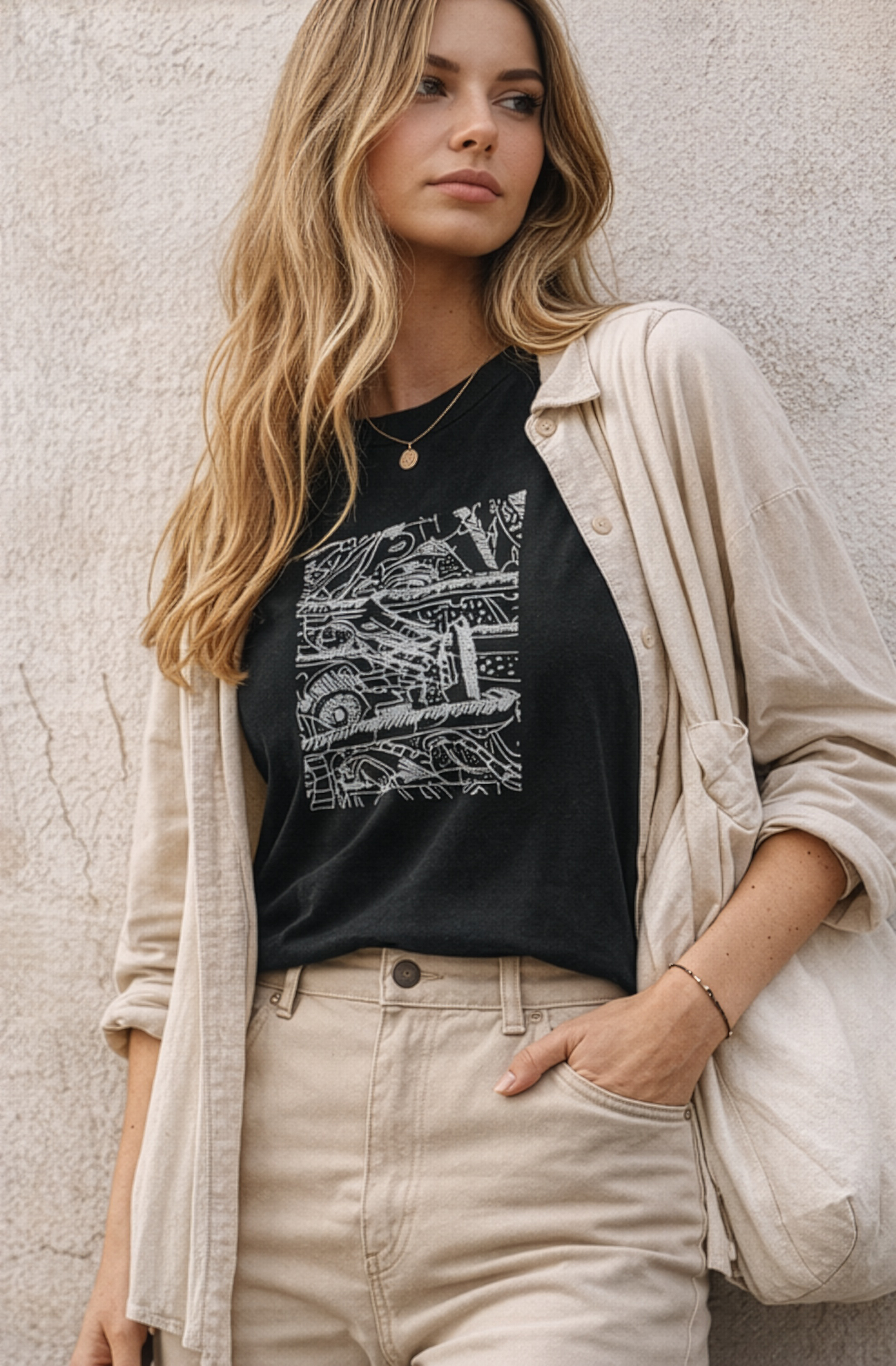 Female model wearing a black t-shirt featuring a white abstract design. The graphic is a complex arrangement of lines, shapes, and numbers. The short-sleeved shirt is made of a soft material.