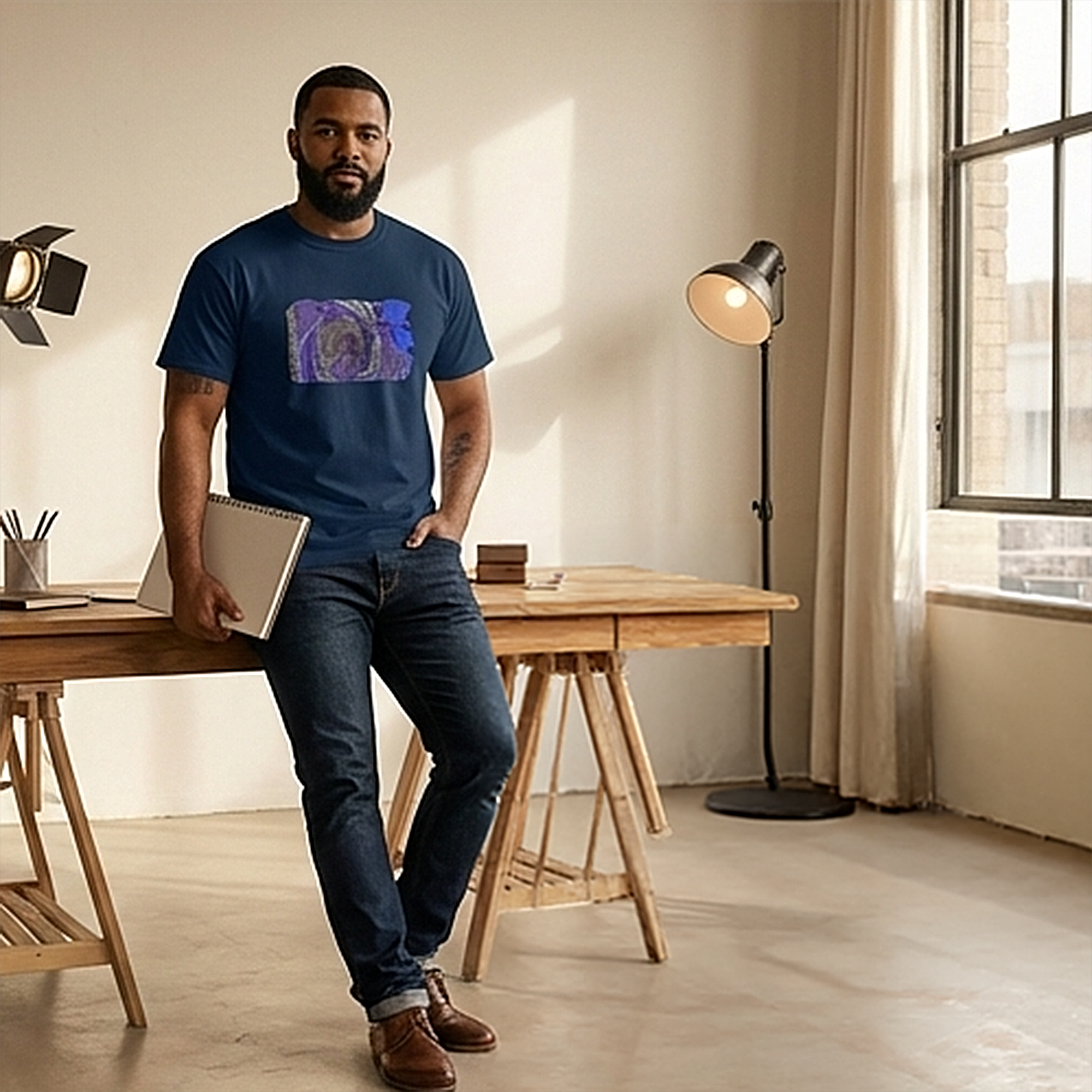 male model wearing navy t-shirt of vivid shades of purple, blue, gold, and charcoal abstract art