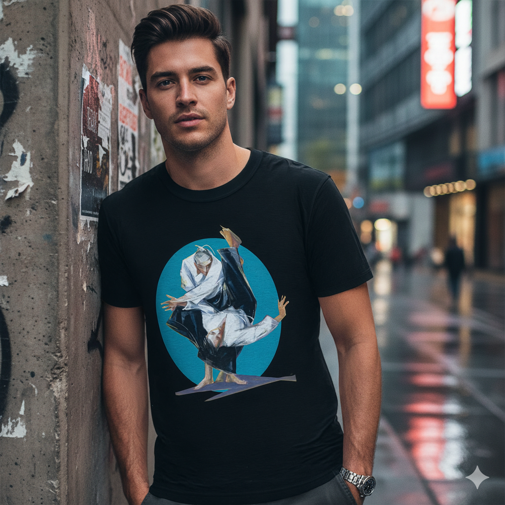 Male model wearing figurative martial art image framed by a bold circular backdrop on black t-shirt