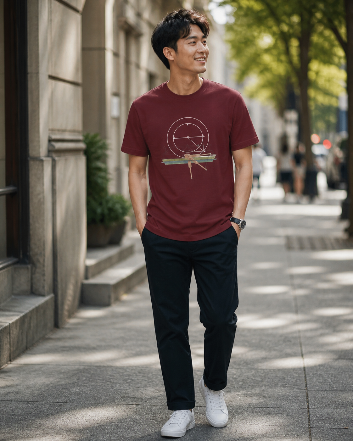 male model wearing geometric blueprint maroon t-shirt