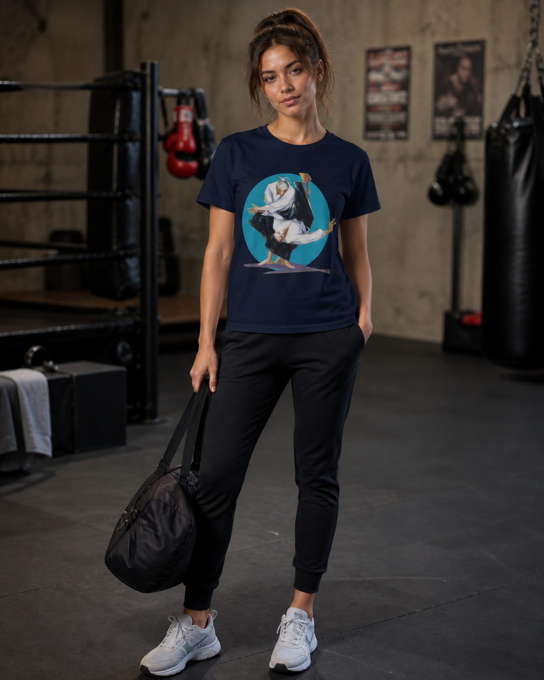 Female model wearing figurative martial art image framed by a bold circular backdrop on navy t-shirt