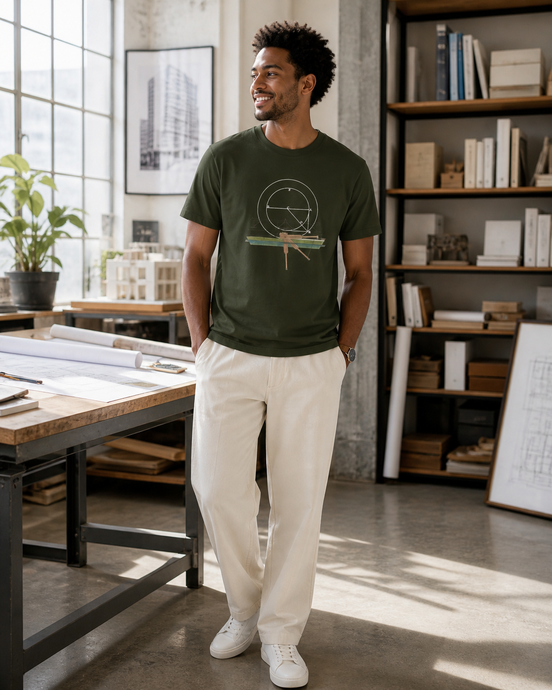 male model wearing geometric blueprint dark olive t-shirt