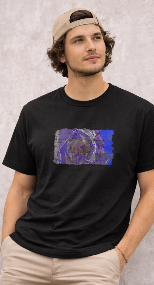 male model wearing black t-shirt of vivid shades of purple, blue, gold, and charcoal abstract art