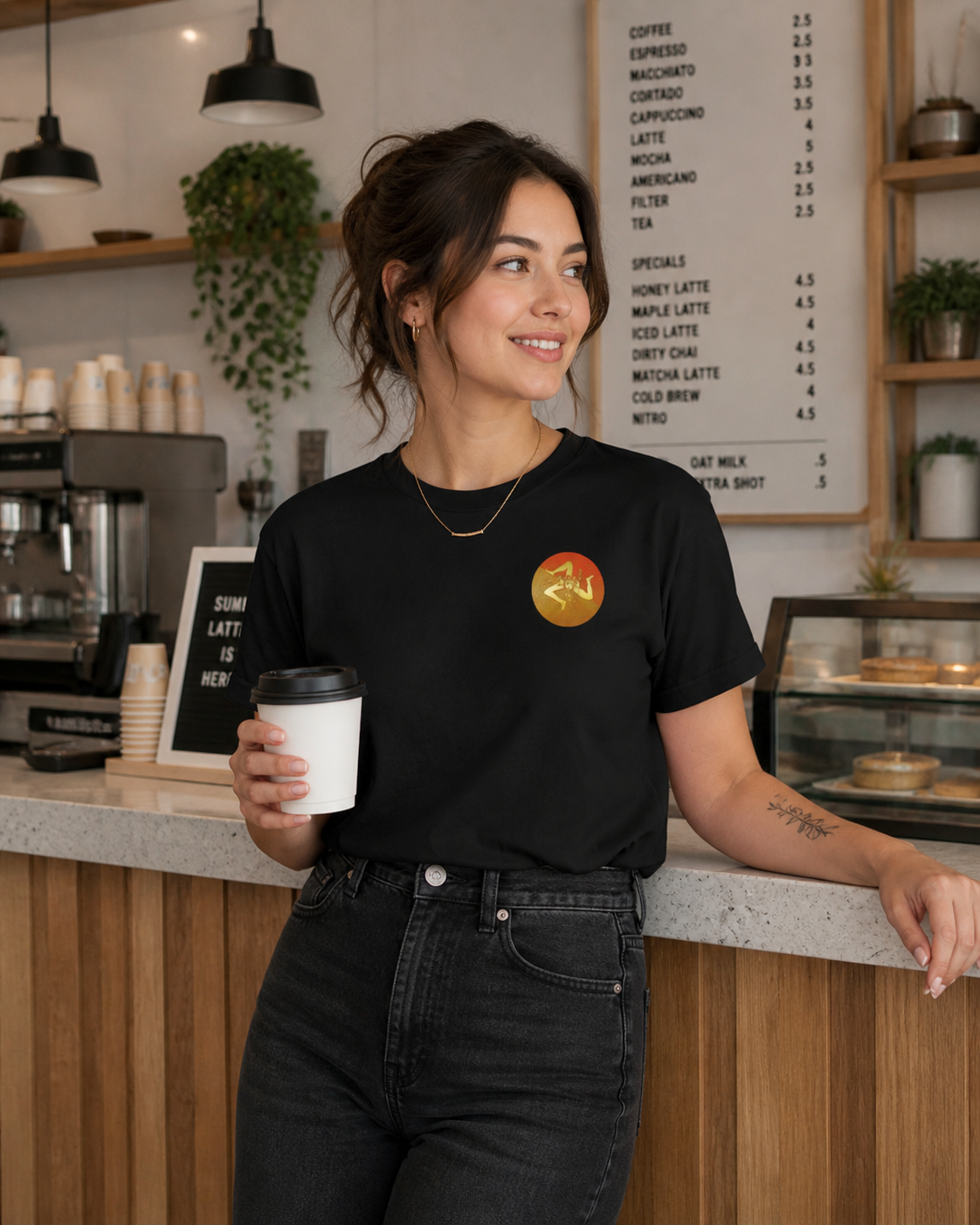 Female model wearing minimalist, premium left-chest emblem black t-shirt