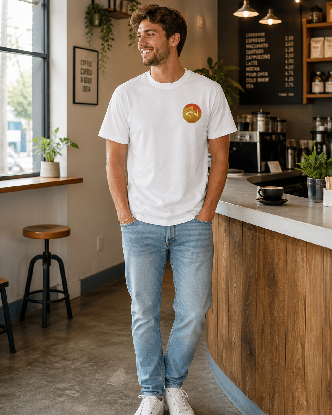 Male model wearing minimalist, premium left-chest emblem white t-shirt