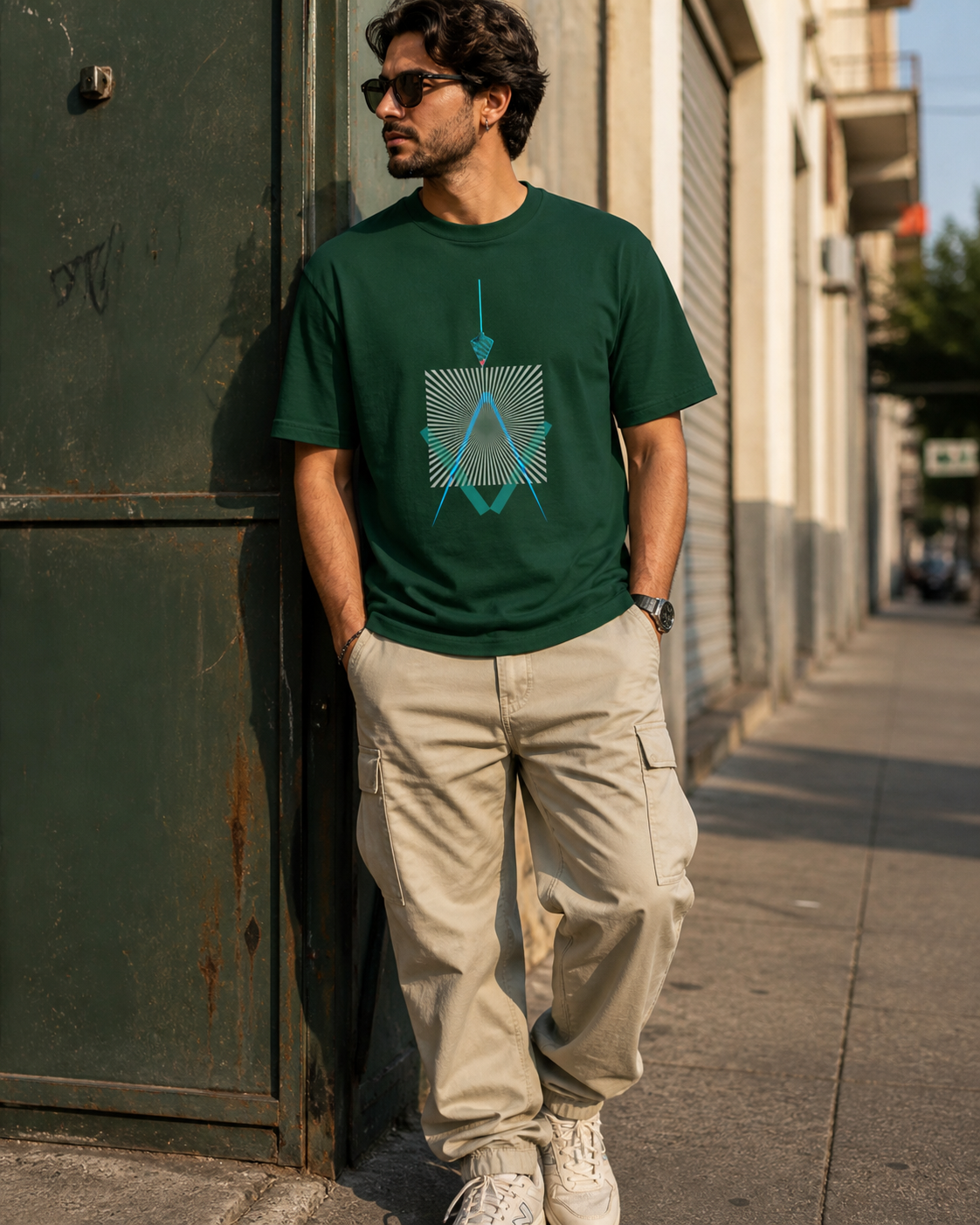 Male model wearing geometric line art on dark green t-shirt
