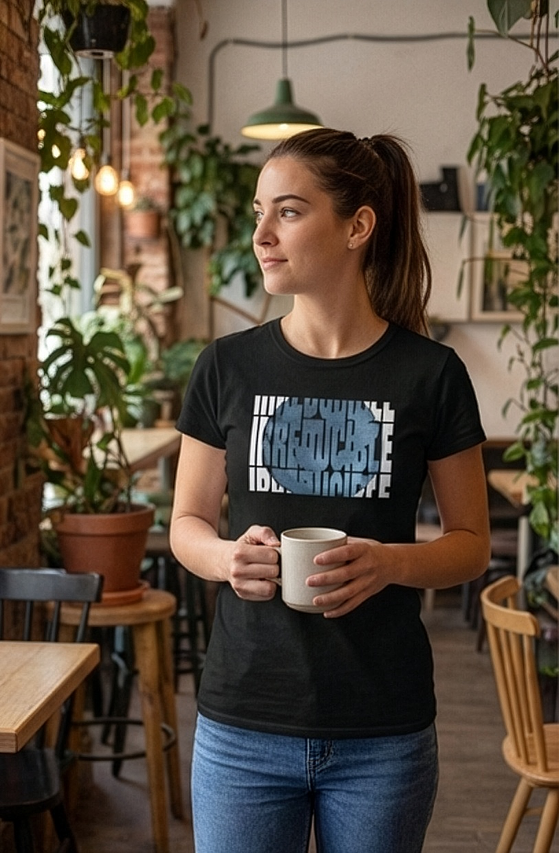Female model wearing black t-shirt of fragmented block typography for a bold, architectural look
