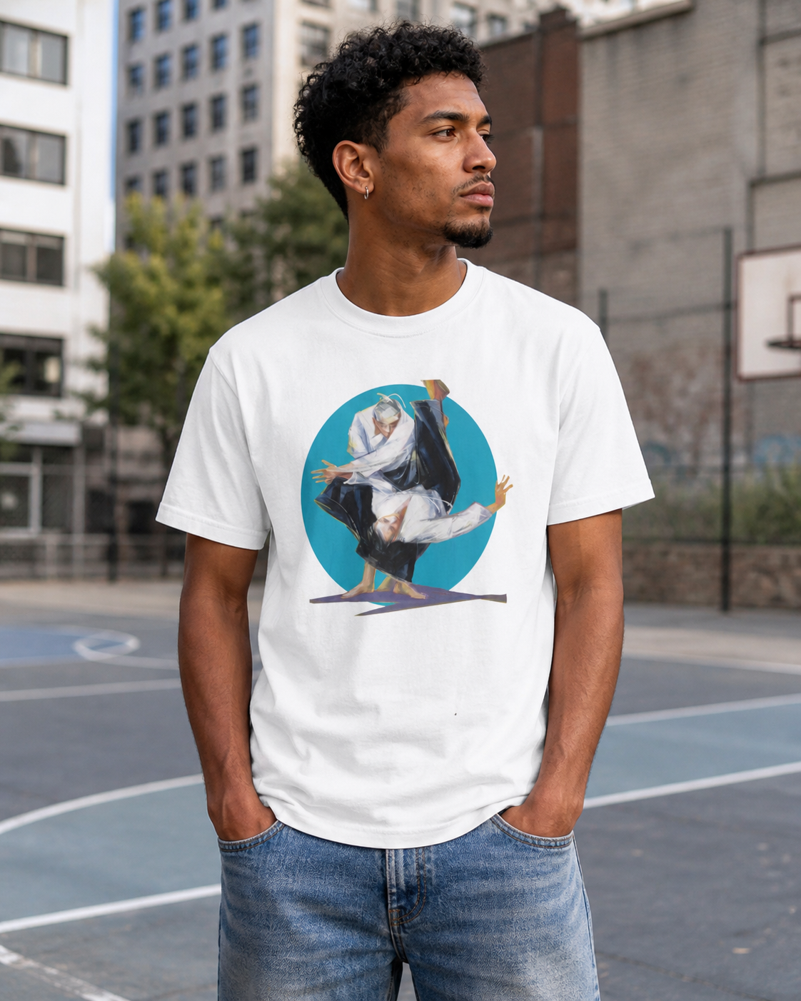 Male model wearing figurative martial art image framed by a bold circular backdrop on white  t-shirt