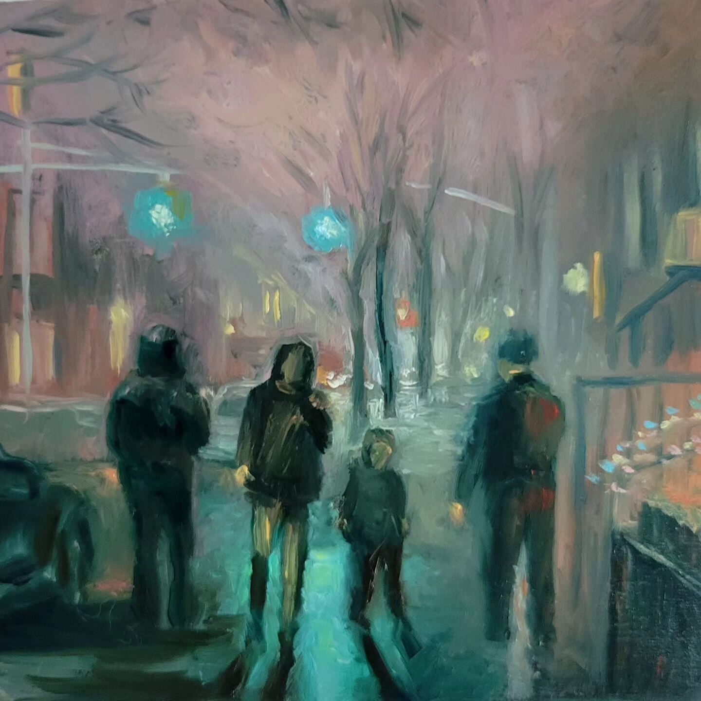 Been distracted with too many life chores, having trouble focusing, no time to paint. Finally settled down long enough to make a mini night painting. Pure therapy, feeling so much calmer now. &quot;New Years Eve, Park Slope&quot; mini square. 4x4 inc