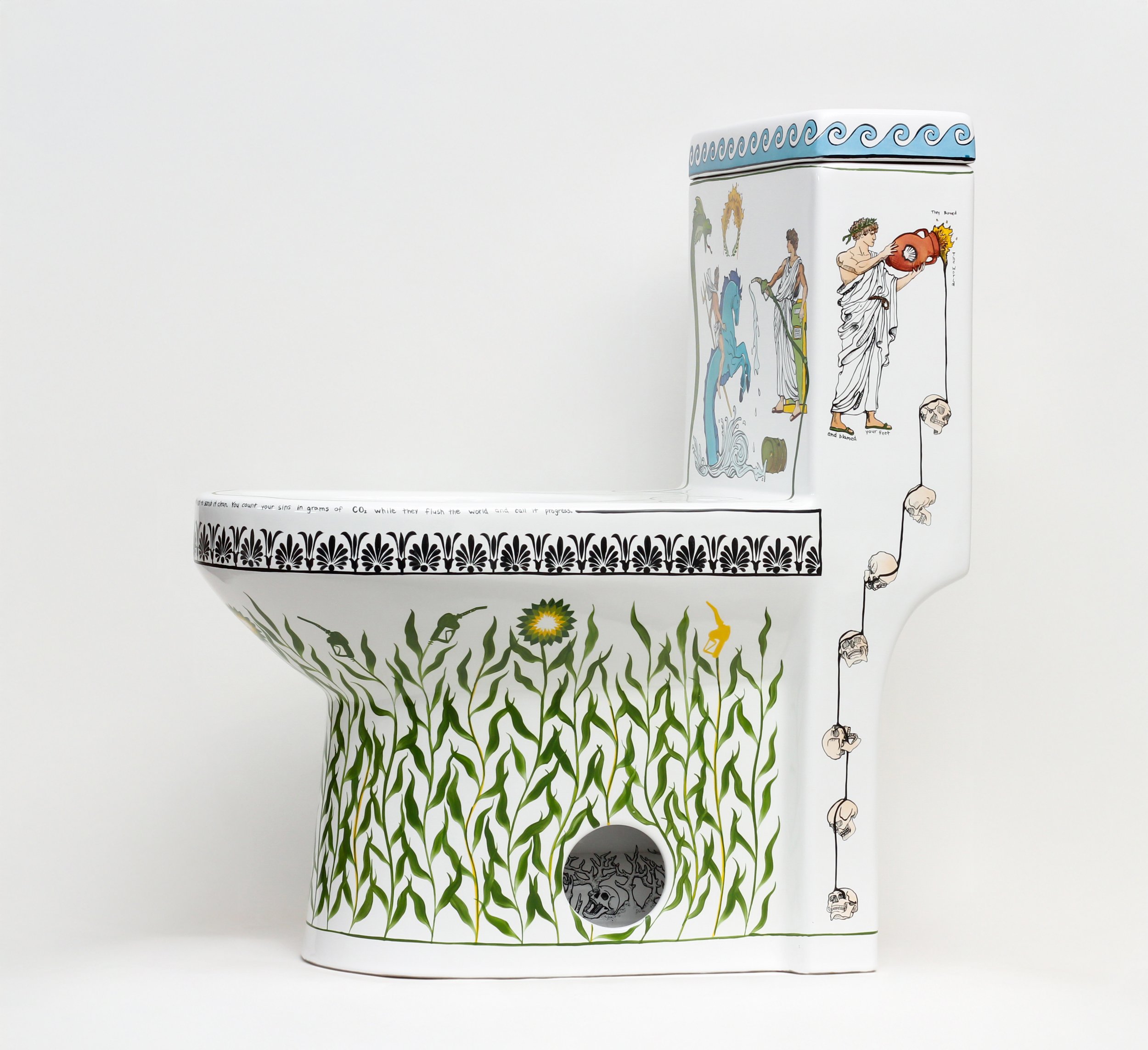 toilet with many decorative greek inspired motifs all relating to the petroleum industry and greenwashing