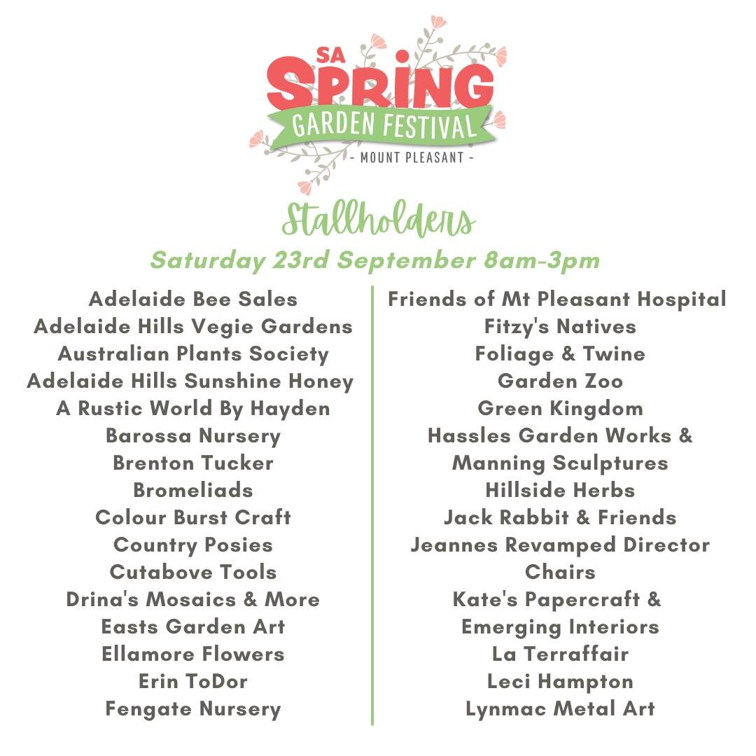 Wow, take a peek at this massive list of #saspringgardenfestival2023 stallholders!! 🤯 We open at 8am this Saturday, and you're going to want to get there early so you have plenty of time to enjoy all of the stalls, activities, food and entertainment