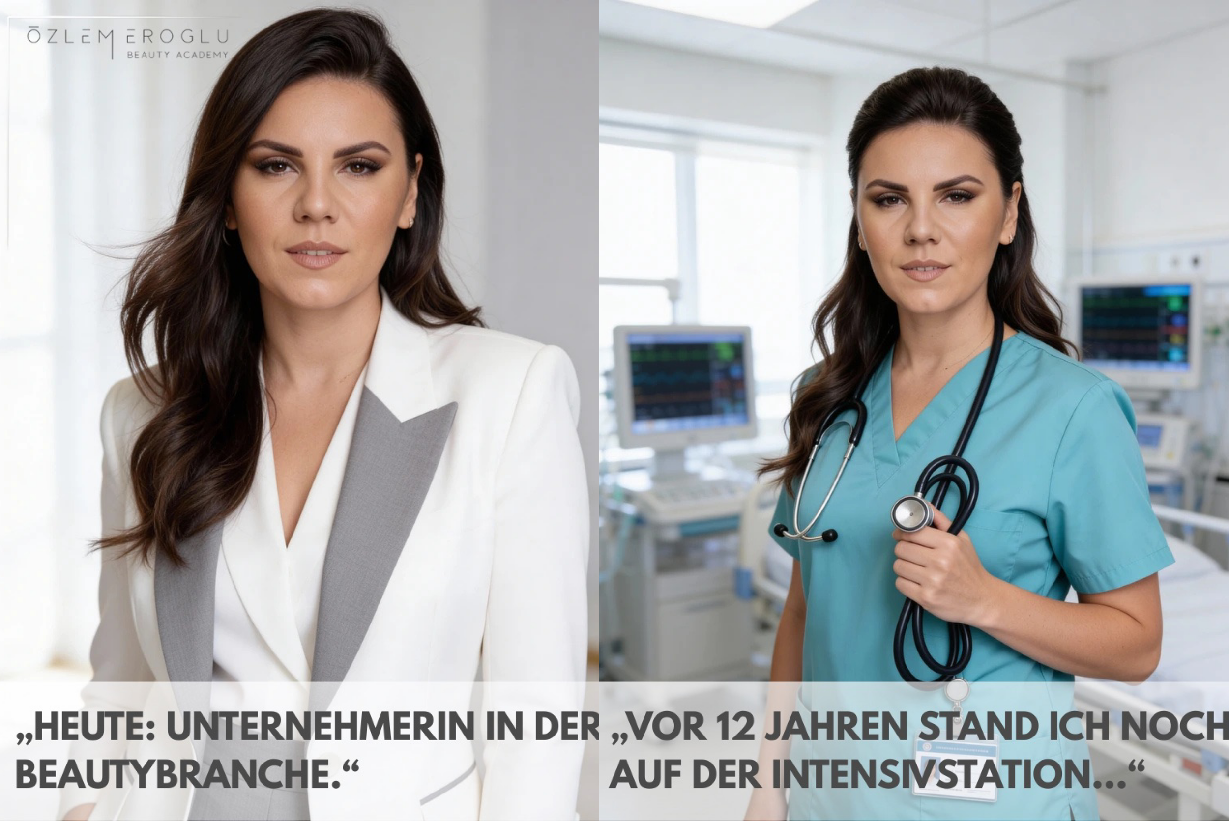 Zwei Frauen, eine im Business-Outfit und die andere in medizinischer Uniform, stehen in einem modernen Krankenhaus. Die Business-Frau hat lange braune Haare und trägt einen weißen Blazer mit grauem Akzent, die medizinische Fachkraft trägt blaue OP-Kleidung und hat eine Stethoskop um den Hals.