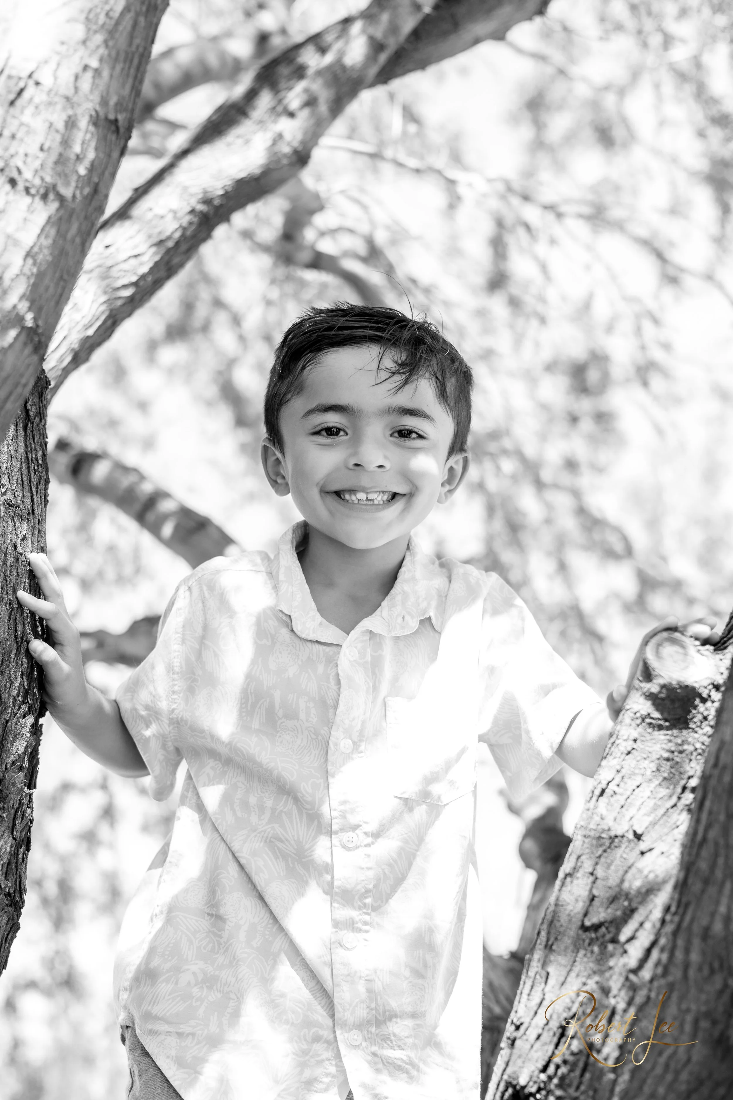 A young boy smiling while standing between tree branches outdoors, black and white photo. Tucson Portrait photographer. Robert lee Photography.