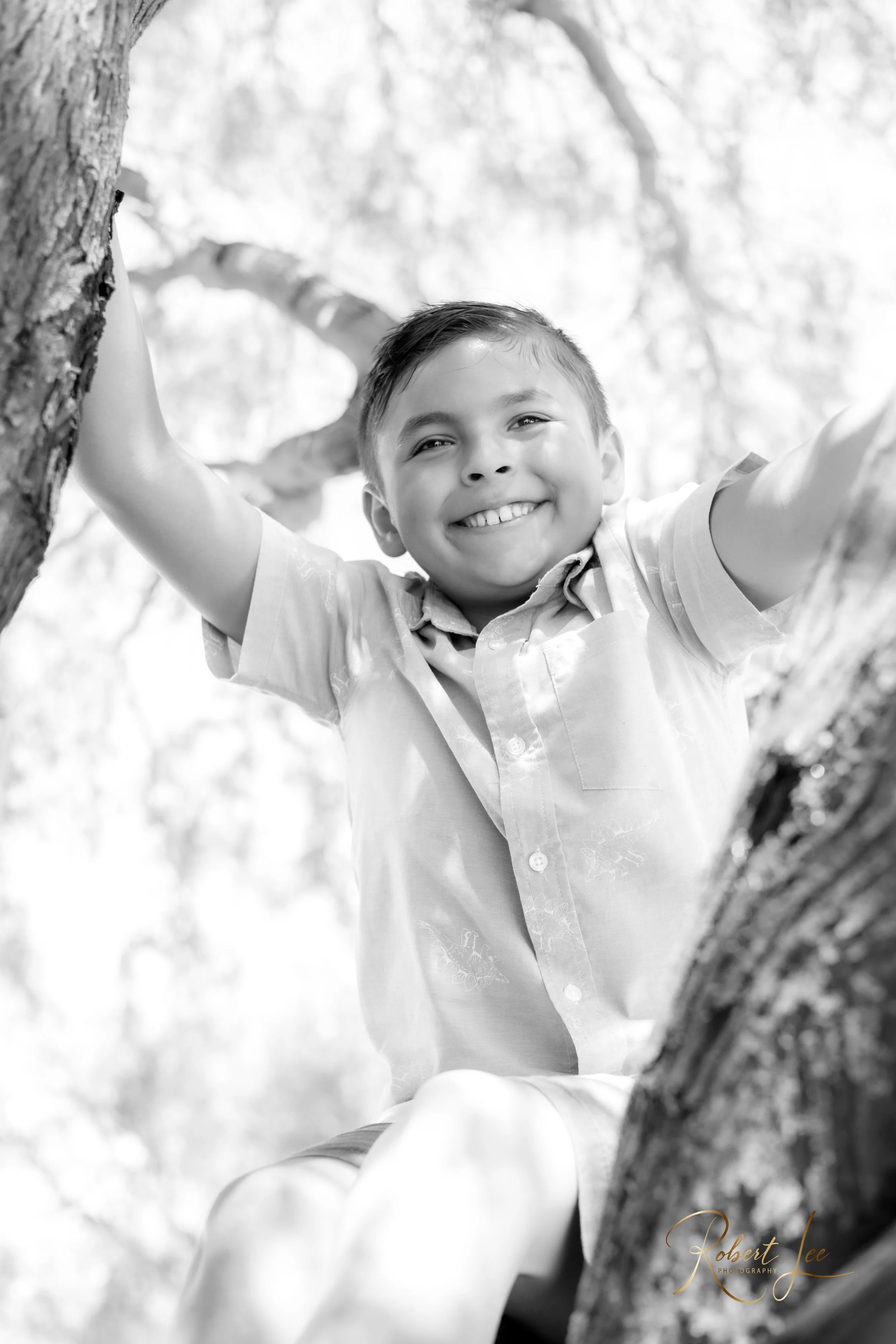 A young boy smiling and climbing in a tree, black and white photograph by Robert Lee Photography. Tucson Portrait photographer.