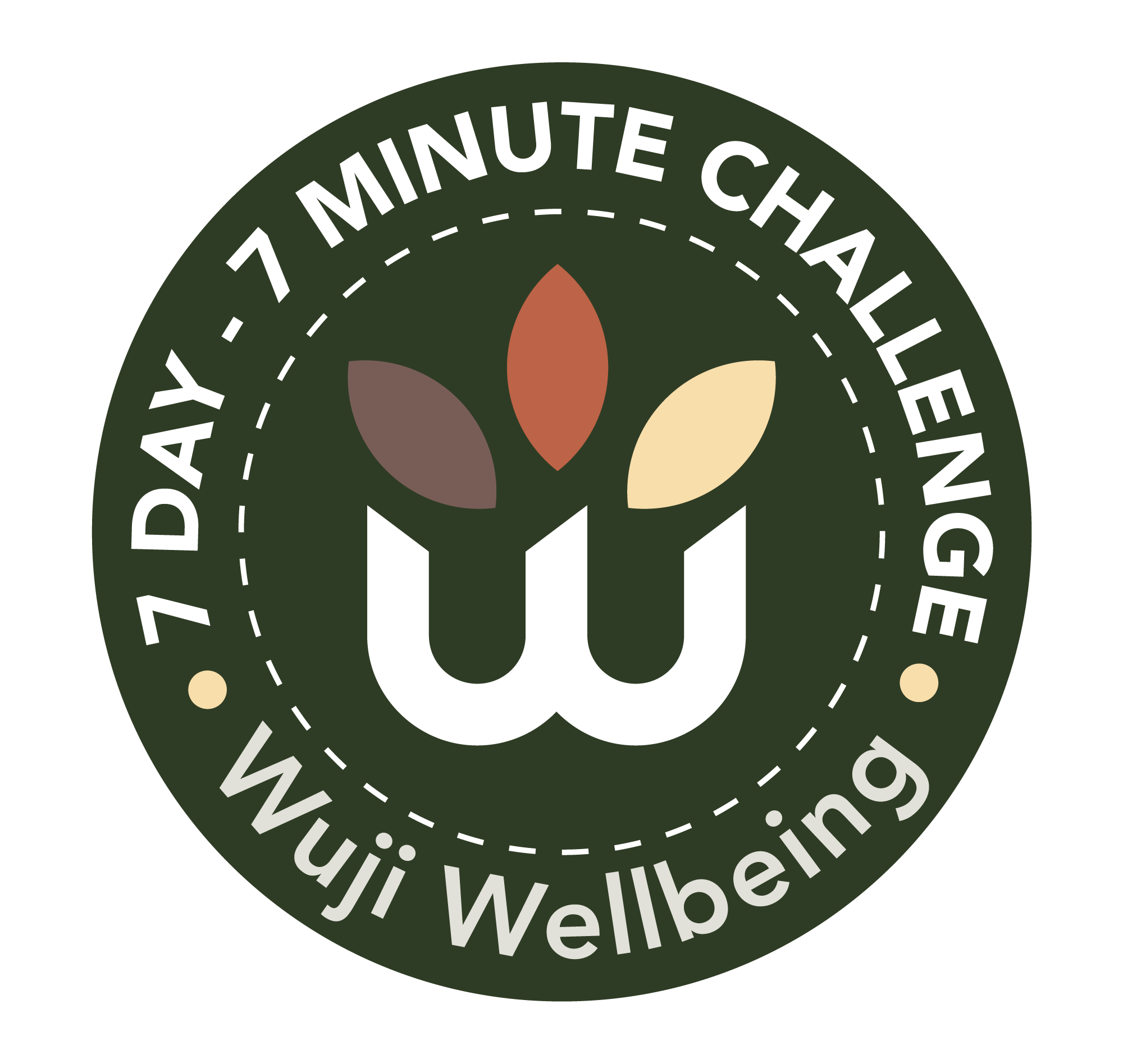 A circular logo with a green background featuring a stylized white 'W' with three leaves in brown, red, and cream colors above it. The outer ring contains white text that reads '7 DAY / 7 MINUTE CHALLENGE' at the top and 'Wuji Wellbeing' at the bottom.