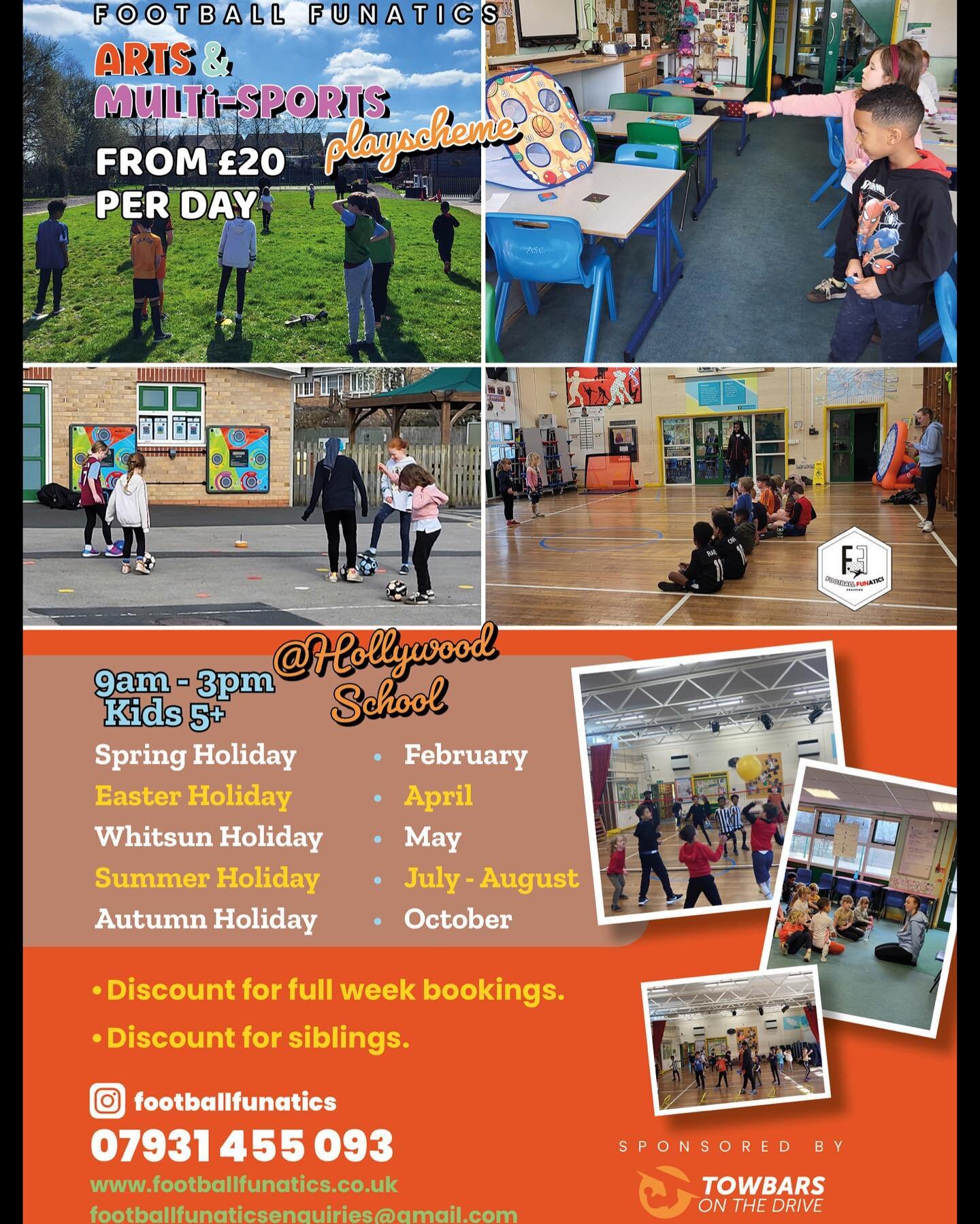 Football Funatics have got you sorted for the May half term with TWO different venues!!

You can find us at Hollywood Primary School for our Arts &amp; Multi-sports Playscheme🎭🎨
&amp;
Wheelers Lane Technology College for our football and sports cam