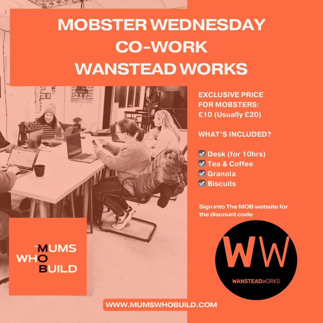 A promotional flyer for Mobster Wednesday co-working at Wanstead Works, featuring a group of people working on laptops at a table and advertising a £10 special price, including details of what is included and a website URL.