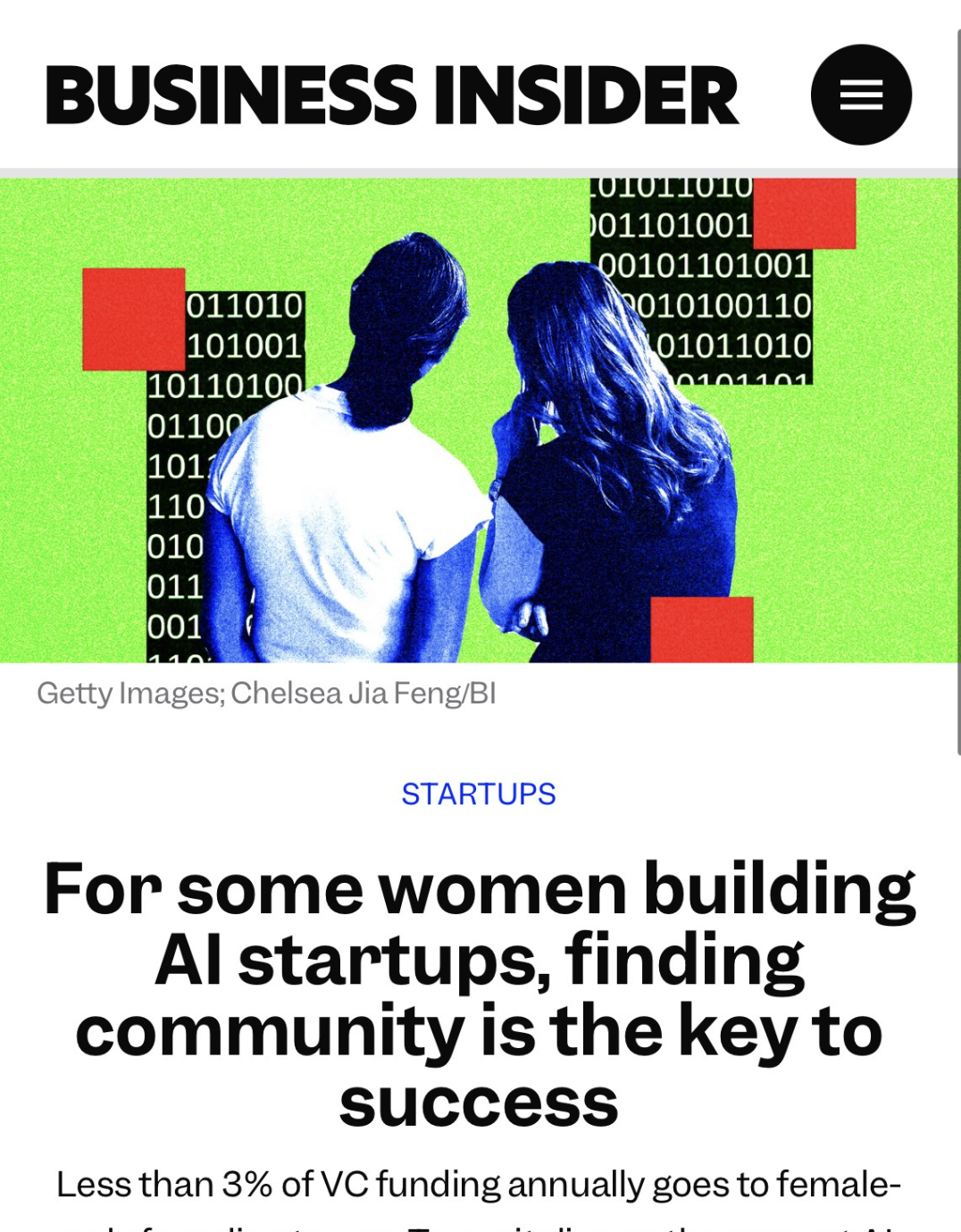 Collage of press headlines about gender inequality and barriers for women: Business Insider says less than 3% of VC funding goes to female-led startups, making community critical for success.